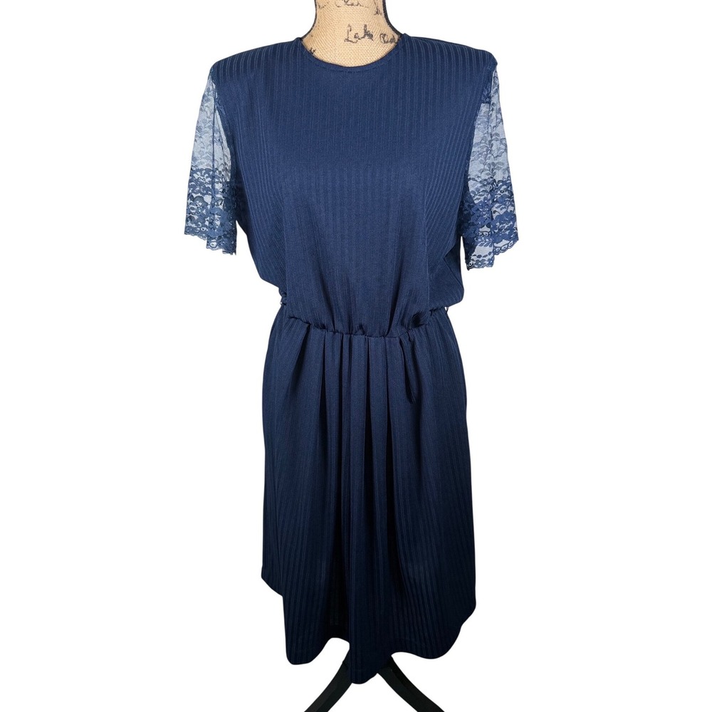 Vtg Midi Dress Womens 14 Navy Blue Lace Sleeve Tea Length Cottagecore 80s Simple